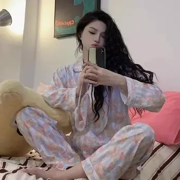 Весенняя новинка из молочного волокна, роскошная женская пижама, кардиган с отворотами, женский комплект из 2 предметов, милый пижамный костюм с принтом кота для женщин M белый