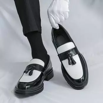 Spring New Platform Tassels Loafers Men Black and White Wedding Party Casual Shoes Formal Business Shoes Slip-on Leather Shoes 38