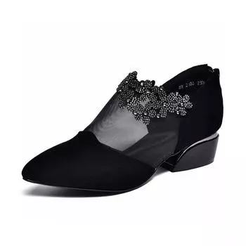 Spring new pointed mesh sheepskin rhinestone single shoes black low heel rear zipper breathable women s shoes 35