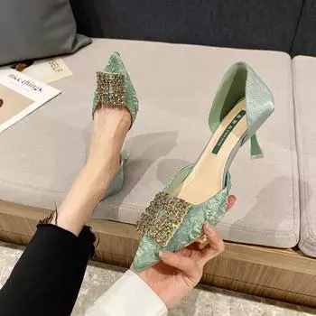 Spring new rhinestone square buckle single shoes women s satin versatile pointed high heels thin heel shallow mouth work shoes 34