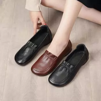 Весенние новые круглые износостойкие кожаные повседневные туфли на плоской подошве, женская обувь для женщин среднего и пожилого возраста 37 чёрный