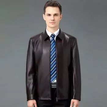 Spring new sheepskin single leather jacket for young and middle-aged men with velvet short lapel solid color soft leather jacket 170