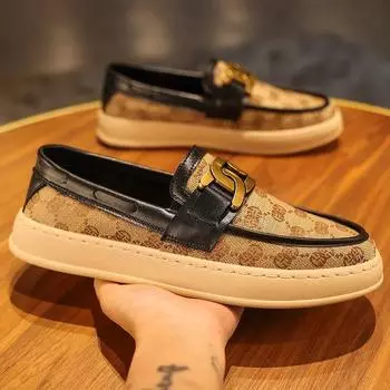 Spring New Shoes for Men Canvas Casual Shoes Trend Print Metal Button Flat Skateboard Shoes Youth Fashion Slip-on Loafers 38 хаки