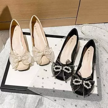 Весенние новые туфли для женщин, модные туфли-лодочки, новые туфли на высоком каблуке с квадратным носком и жемчужным бантом, женские свадебные туфли-лодочки 35-43 35 чёрный