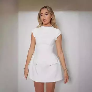 Spring New Solid Round Neck Slim Fit Sexy Dress Women Fashion Pockets Elegant Casual Summer Dresses Women A Line High Waist Party Female Dress 26534 XS белый