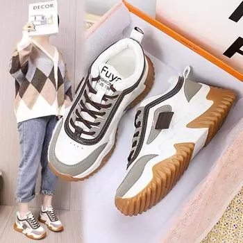 Spring New Student Thick Soled Sports Shoes for Women Contrasting Color Lace Up Casual Women s Shoes 35 чёрный