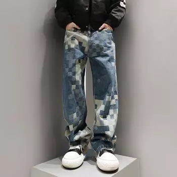 Spring New Style Chessboard Plaid Mosaic Jeans Men s Jacquard Loose Wide-leg Pants S синий