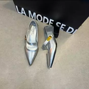 Spring New Style Pointed Toe Elegant Low Heel Women s One-Strip Leather Shoes Low-Cut Sexy Single Shoes 35 серебряный