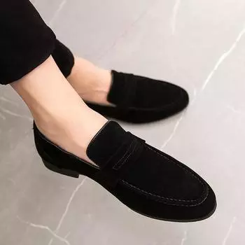 Spring New Suede Casual Men Shoes Fashion Slip on Loafers Male Leather Comfortable Flat Shoes Moccasins Classic Driving Shoes 38 чёрный