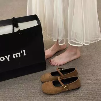 Spring new suede fairy with skirt shallow mouth single shoes retro round head flat bottom buckle temperament women s shoes 35