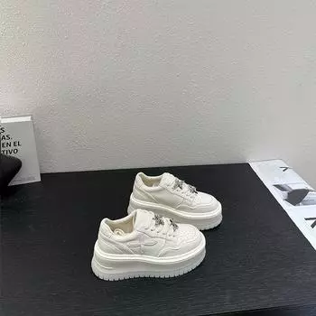 Spring new thick-soled leather muffin shoes women s 6cm small rhinestone fashion versatile pearlescent white board shoes 35