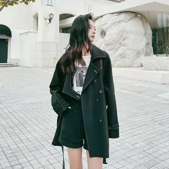 Весенняя новая ветровка с отстрочкой по краю, женская двубортная куртка с поясом на талии S чёрный