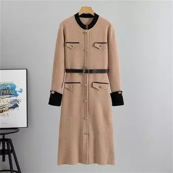 Spring New Women s A-Line Skirt Fashionable Temperament Knitted Cardigan Mid Length Dress One Size хаки