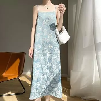 Spring New Women s Acetate Satin Collar Jacquard Sling Sleeveless Long Dress M белый