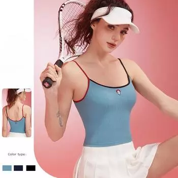 Spring New Women s Yoga Clothes Top Shoulder Strap Contrast Color Fixed Chest Pad Deep U Fashion Sling Breathable Fitness Sports Vest S синий