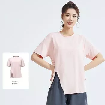 Spring New Yoga Wear Workout Blouse Short Sleeve Women s Slit Loose Breathable Athletic Clothing Outwear Running T-Shirt Tops Shallow powder M