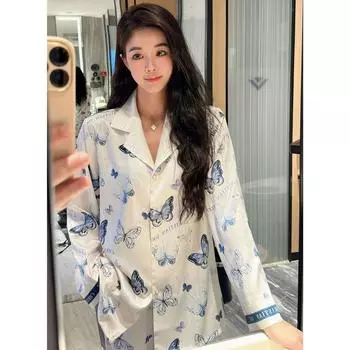 Весенняя пижама, женский кардиган с длинными рукавами и принтом бабочек, домашний комплект Fury, высококачественная легкая роскошная пижама M синий
