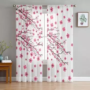 Spring Pink Flower Branch Curtain For Living Room Transparent Tulle Curtains Window Sheer For The Bedroom Accessories Decor W135 x H114cm