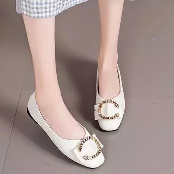 Spring Pointed Toe Comfortable Casual Flat Shoes New Style Metal Decorated Shallow Mouth Breathable Women s Shoes 35 бежевый