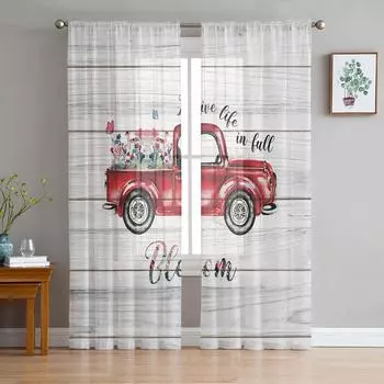 Spring Red Car Flower Wooden Texture Background Sheer Curtains for Living Room Modern Bedroom Voile Tulle Curtain Window Drapes W135 x H114cm