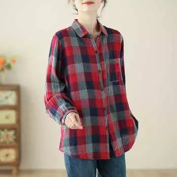 Spring Retro Literary Double-layer Cotton Yarn Plaid Shirt Long-sleeved All-match Blouse Plaid Shirt XXL