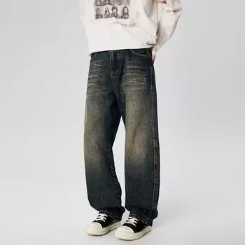 Spring Retro Mainstream Trend High Street Loose Small Scimitar Straight No-stretch Jeans 28 синий