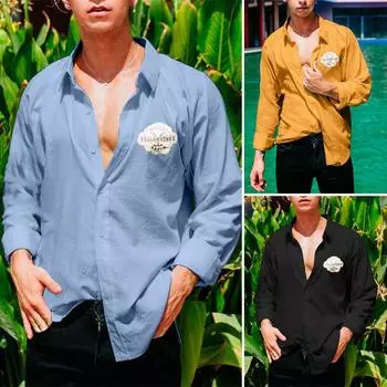 Spring Retro Men s Lapel Shirt Cotton Casual Solid Color Printed Long Sleeve Top S жёлтый