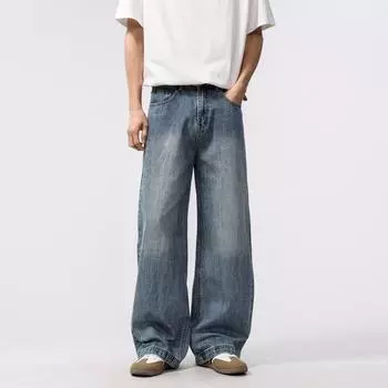 Spring Retro Straight Jeans Men s American Wide-leg Trousers S синий