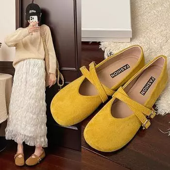 Spring Retro Tide with Granny Shoes Round Head Mary Jane Shoes A Word with Buckle Shallow Mouth Flat Single Shoes Female Fashion Women Shoes 35