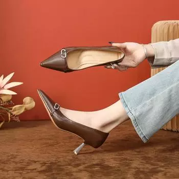Spring rhinestone buckle one pedal super soft single shoes shallow mouth women, new white women pointed high heels are not tired 34