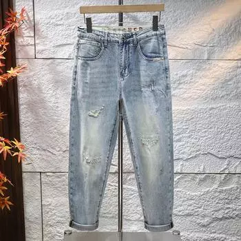 Spring Ripped Scar Repair Light Blue Stretch Jeans 8-point Men s Pants 28