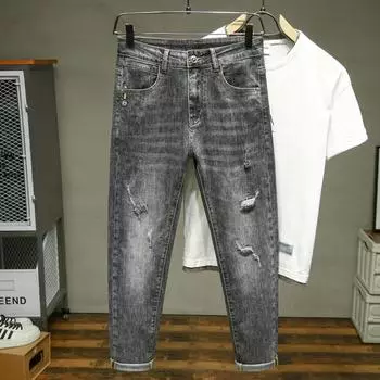 Spring Ripped Scar Repair Trend Versatile Elastic Denim Pinch Pants Men 28