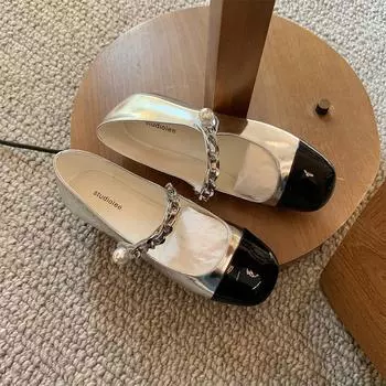 Spring Round Head Flat Bottom Color Blocking Single Shoes Mary Jane Women s Shoes Tide Fashionable and Comfortable 35 серебряный