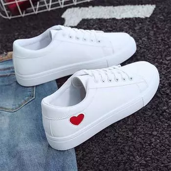 Spring Shoes New Leather Ladies Heart Flat Casual Shoes White Sneakers Designer Luxury Lace-up Shoes 35