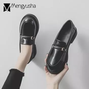 Весенние туфли женские Маленькие кожаные туфли с металлической пряжкой Лоферы женские слипоны Лолита Мэри джинсы женские оксфорды для девочек 5 чёрный