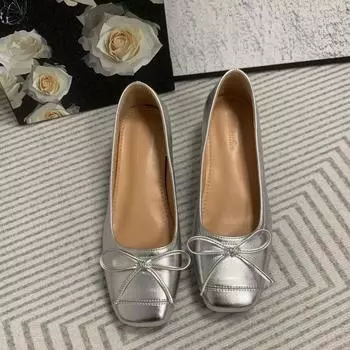 Spring small 5CM inner height increase women s shoes square head bow Mary Jane ballet shoes temperament single shoes 34