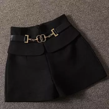 Spring Stitching Design Sense High Waist All-Matching A- line Shorts Black S