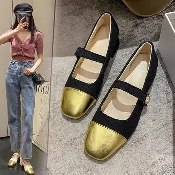 Spring Summer Autumn Shoes Women Square Gold Color Toe Heels Mary Jane Zapatos Shallow Slip On Dress Shoes 35