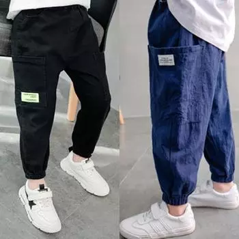Spring Summer Baby Boys Pants Loose Harem Pants Cotton Linen Loose Casual Ankle Pants 160 чёрный