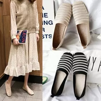 Spring Summer Ballet Flats Women Casual Knit Fabric Stretchy Square Toe Flat Heel Boat Shoesisd34 35