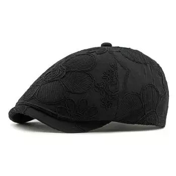 Spring Summer Beret Women s Jacquard Flower Cap Retro Octagonal Cap Painter s Cap чёрный