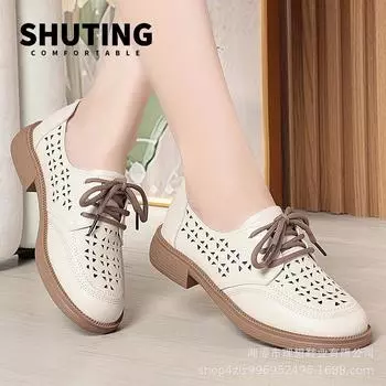 Spring Summer Breathable Soft Leather Hollow Single Shoes Women 2024 Round Toe Lace up Platform Oxfords for Office Mom 35(Foot22.5cm)