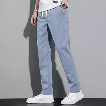 Весна-лето Хлопковые мужские повседневные брюки Классические эластичные брюки с завязками на талии Тонкие эластичные синие брюки-карго для бега Мужские 27 чёрный