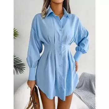 Весна Лето Платье Модное Повседневное Платье С Рукавами Фонариками Талия Приталенная Асимметричные Платья Женская Одежда S синий