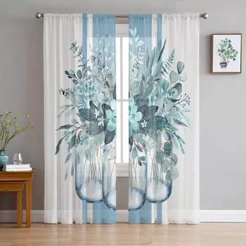 Весенне-летние листья эвкалипта в полоску сине-зеленые тюлевые оконные шторы для спальни, роскошные шторы в гостиной, шифоновые панели 135W x 114H(cm)