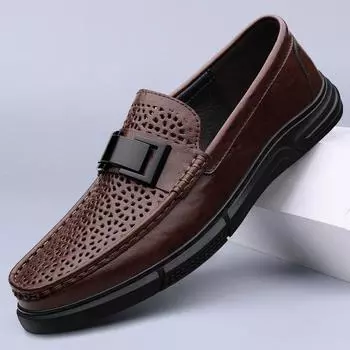 Spring Summer High Quality Men Shoes Casual Genuine Leather Hollow Out Moccasins Breathable Slip on Driving Luxury Loafers Shoes 37 чёрный