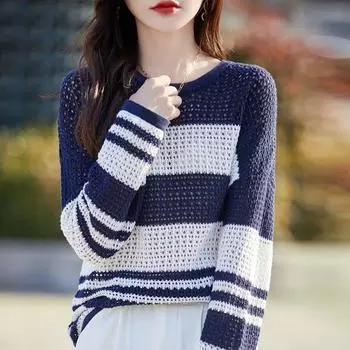 Spring Summer Hollow Knitted Sweater with Knitted Stripes Loose Long Sleeved Sunscreen Cover Thin Top S