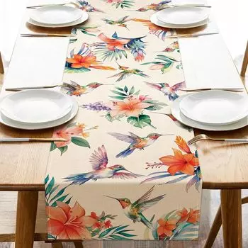 Spring Summer Hummingbird Flower Linen Table Runner Party Decor Seasonal Hibiscus Floral Palm Leaves Table Runners Table Decor 150x33cm 59x13inch