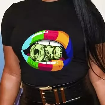 Spring Summer Lip Print Round Neck Casual Women s White Pure Cotton Short Sleeved T-Shirts Women’s XXL