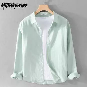 Весенне-летняя мужская рубашка с длинным рукавом 4XL, повседневная повседневная однотонная хлопково-льняная рубашка с воротником с лацканами, дышащие пляжные мужские топы, простой стиль M серый